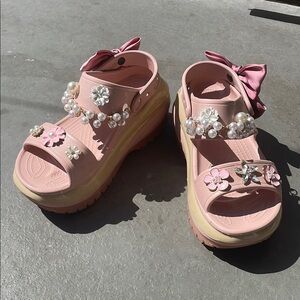 Viral Mega Crush Crocs Pink Platform Sandals with coquette jibbitz size 10